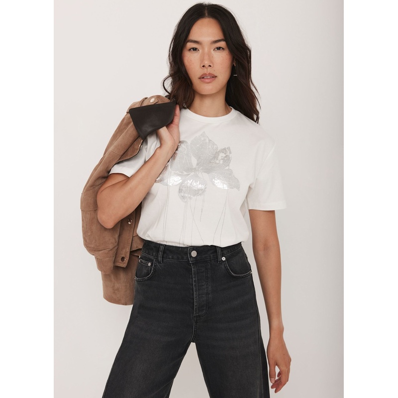 White Metallic Flower Graphic T-Shirt XS