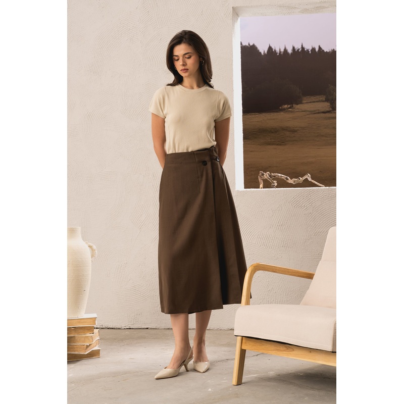 Button Detail Pleated Midi Skirt Brown Extra Small