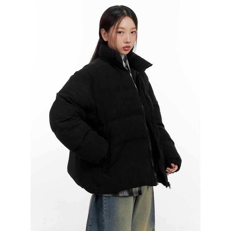 Corduroy Oversize Puffer Coat CN412 Black M/L