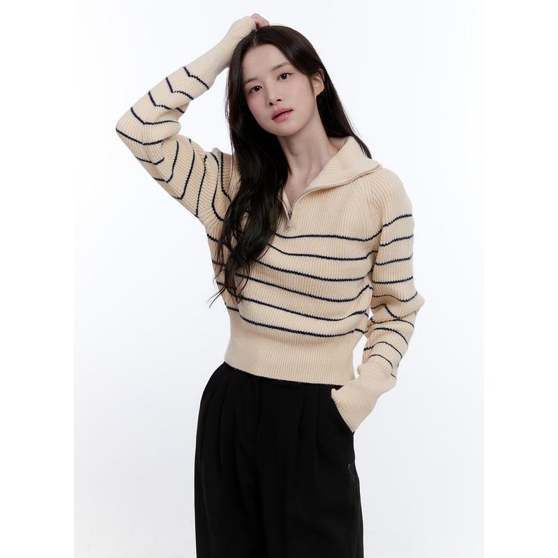 Striped Half-Zip Sweater ON418 Light beige S/M