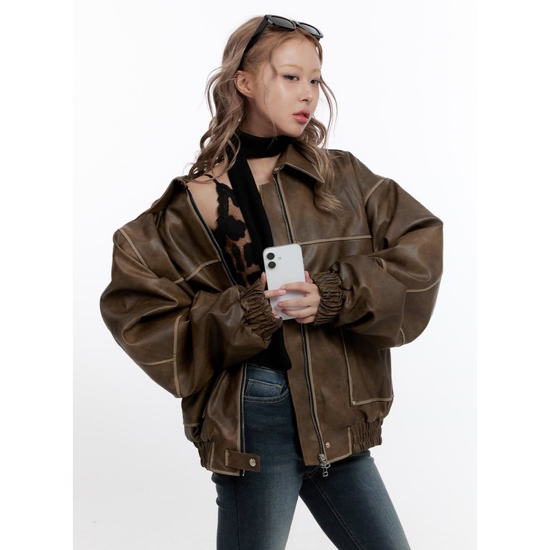 Trendy Washed Leather Jacket CN422 Brown M/L
