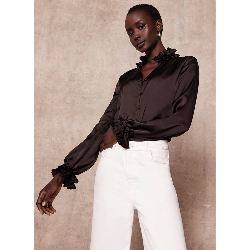 Brown Ruffle Satin Blouse XS