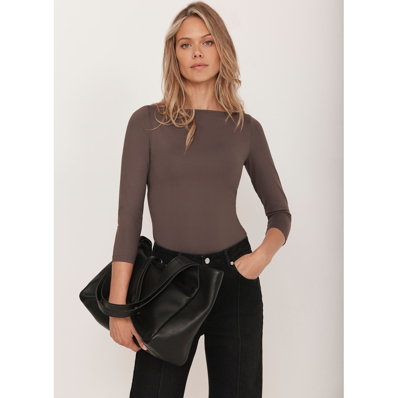 Brown Slash Neck Layering Top XS