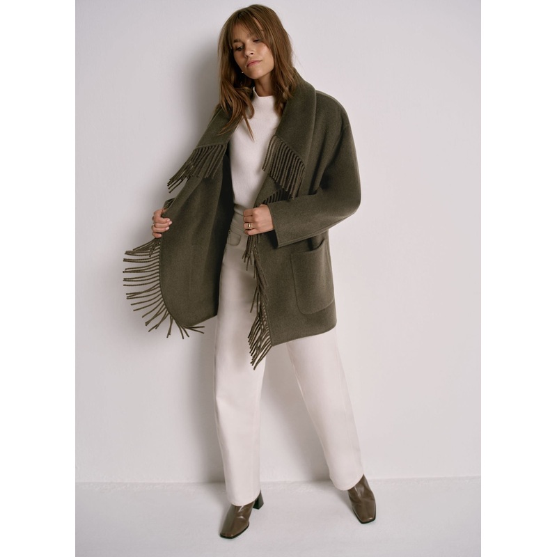 Khaki Wool Blend Hand Finished Tassel Coat XS