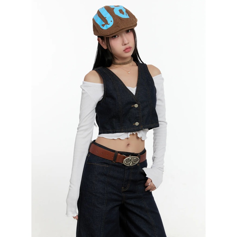 Non-Fade Button Denim Crop Vest CN506 Dark blue S