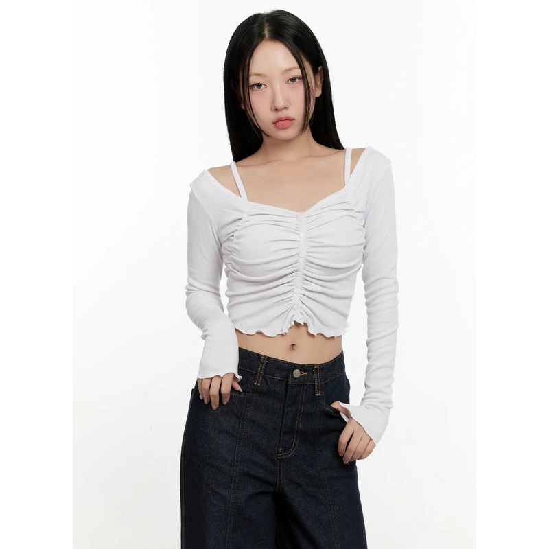 Off-Shoulder Ruched Long Sleeve Top CN506 White S/M