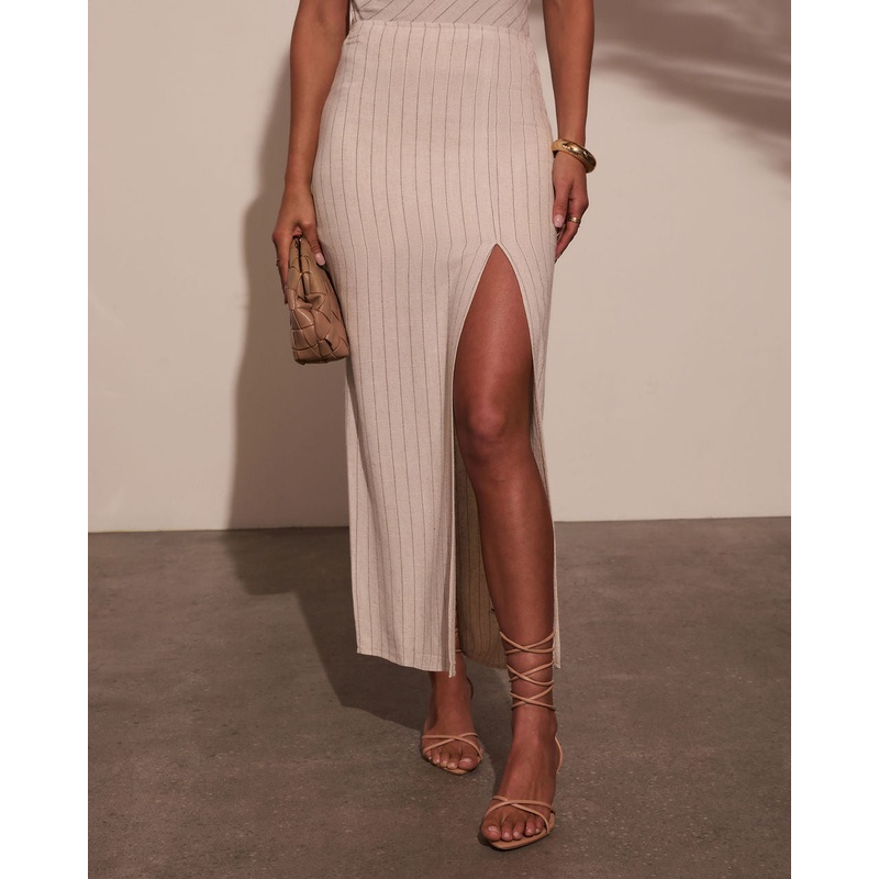 Tinslie Striped Linen Midi Skirt Oatmeal S