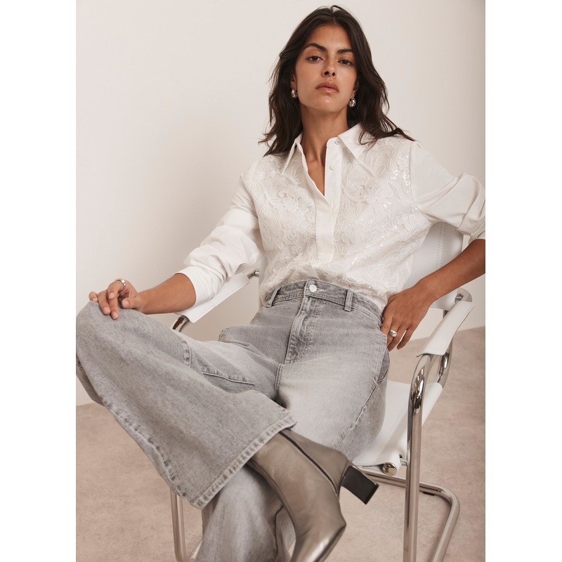 White Sequin Lace Cotton Shirt XS