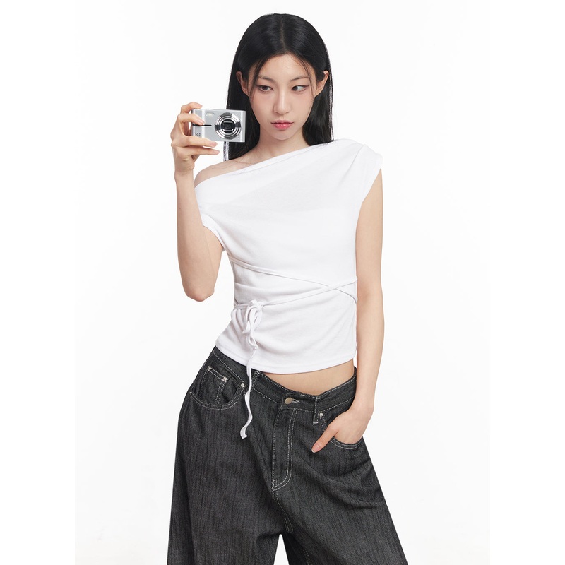 Asymmetric Short Sleeve Wrap Shirt IY516 White S/M