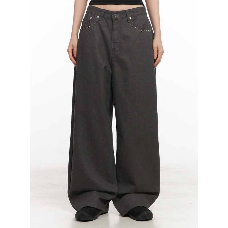 Studded Cotton Wide-Leg Pants IY516 Dark gray S