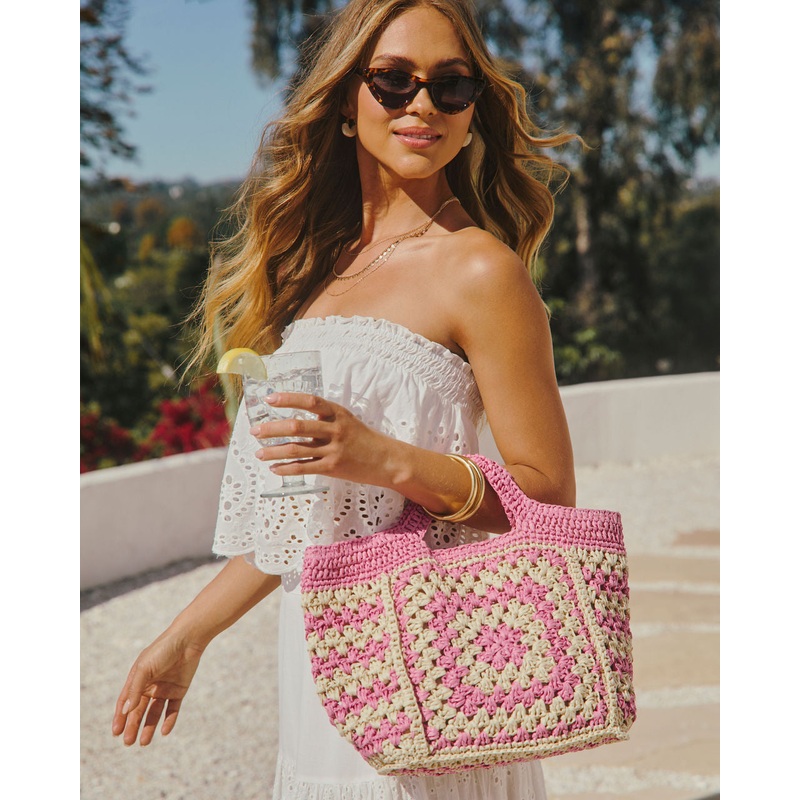 Summer Rose Geometric Straw Tote Bag Pink O/S