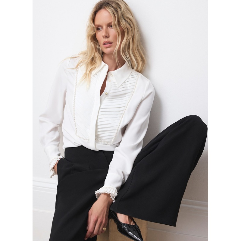 White Pearl Trim Shirt XS