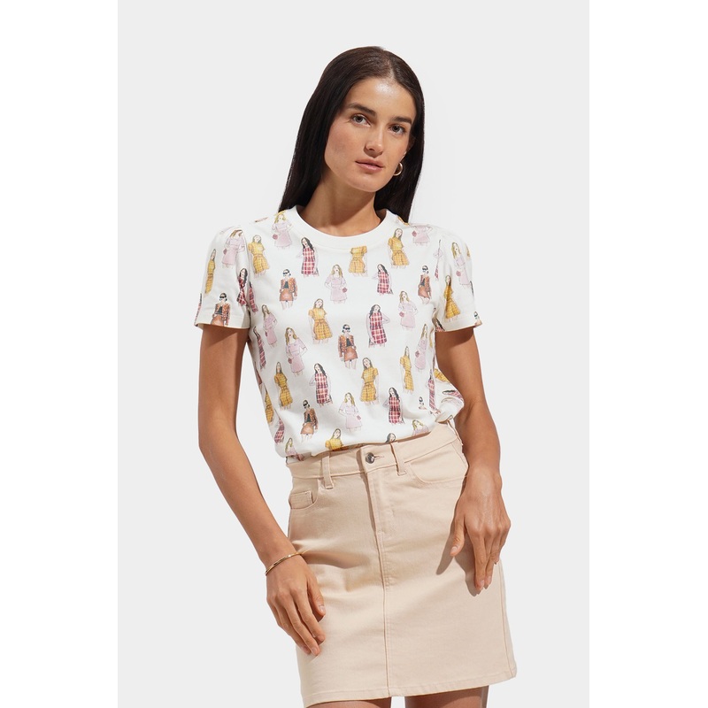 All Over Print Women Graphic Tee Beige Extra Small