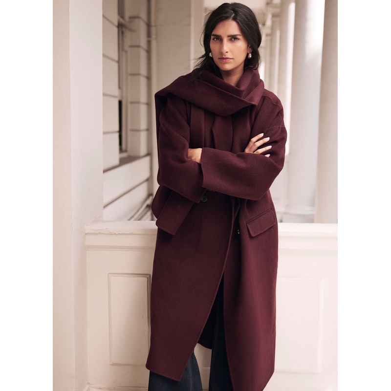 Burgundy Hand Finished Wool Blend Scarf Coat XS