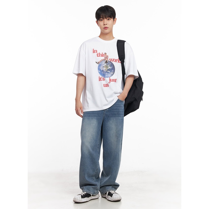 Men’s Washed Wide-Fit Jeans IY520 Blue S