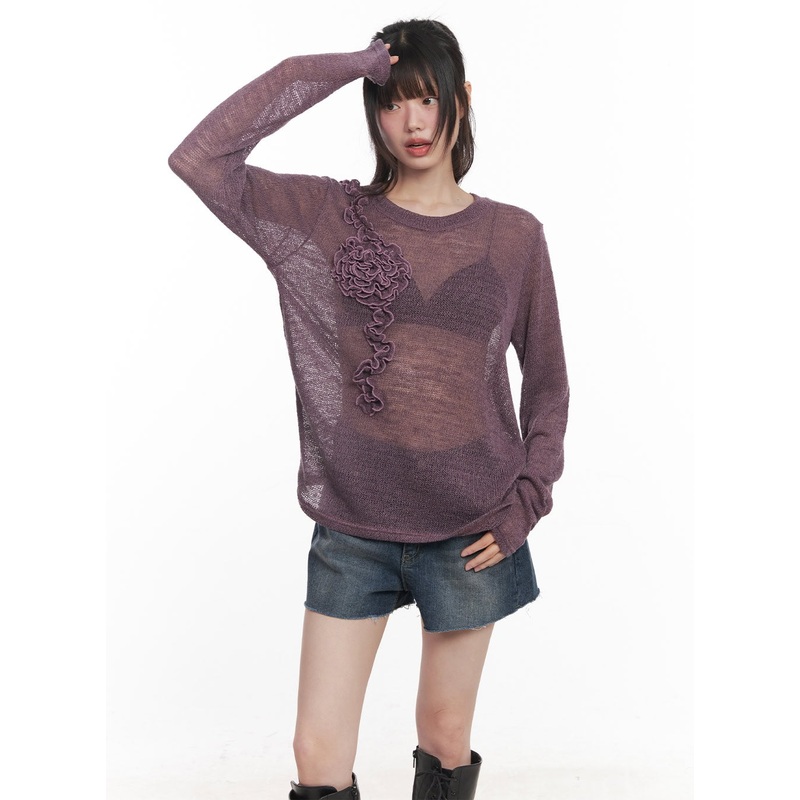 Sheer Loose-Fit Flower Sweater CY520 Purple S/M