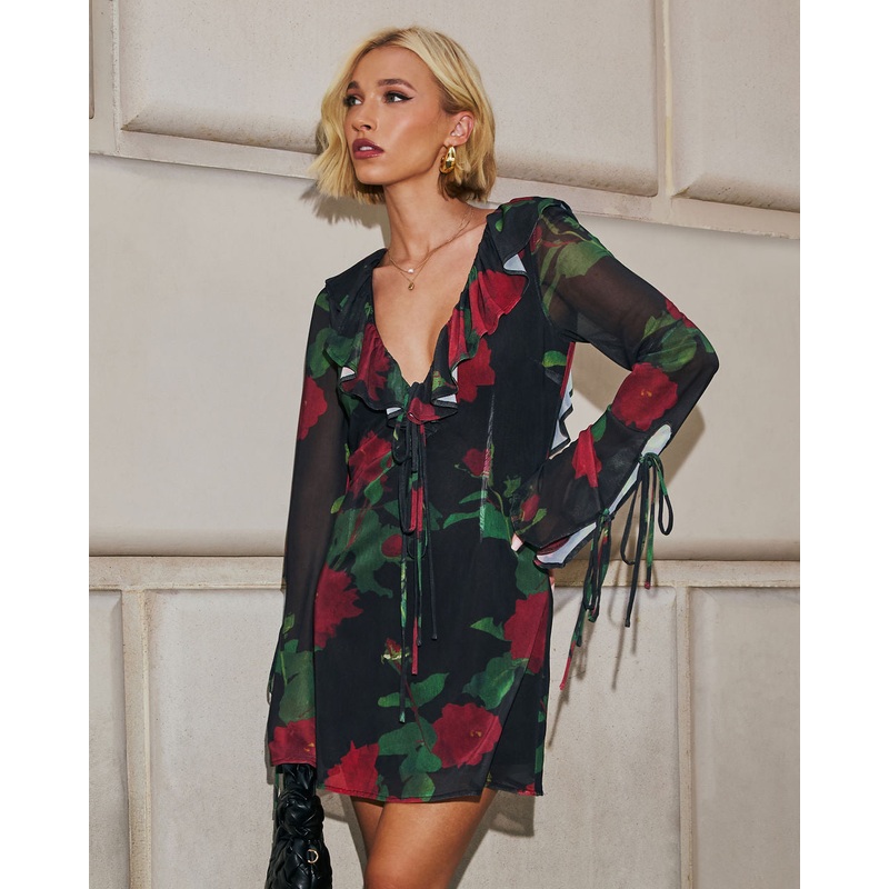 Sweet Romance Ruffle Floral Mini Dress Red Multi XS