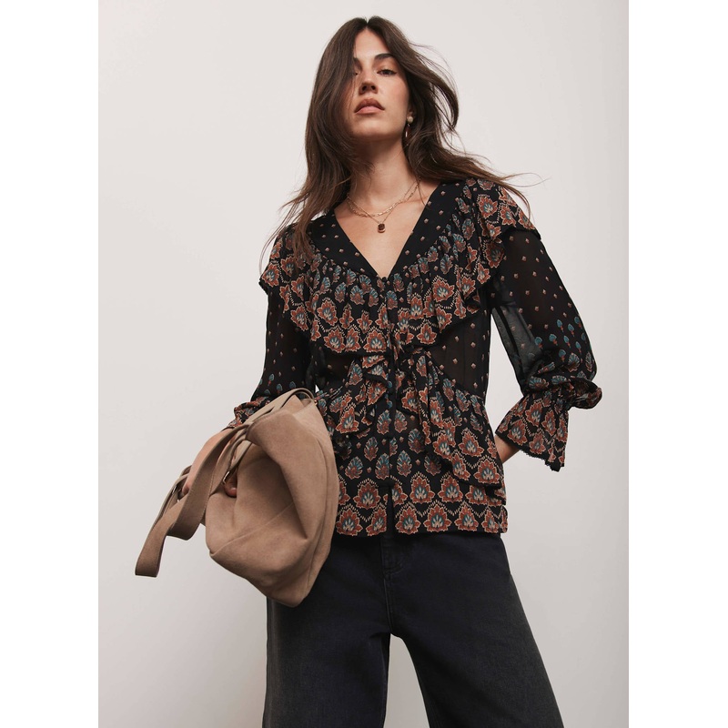 Black Boho Print Ruffle Blouse XS