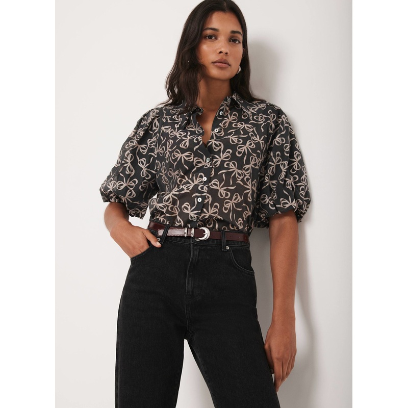 Black Bow Print Cropped Shirt XS