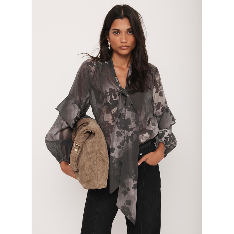 Black Floral Tie Neck Blouse 06