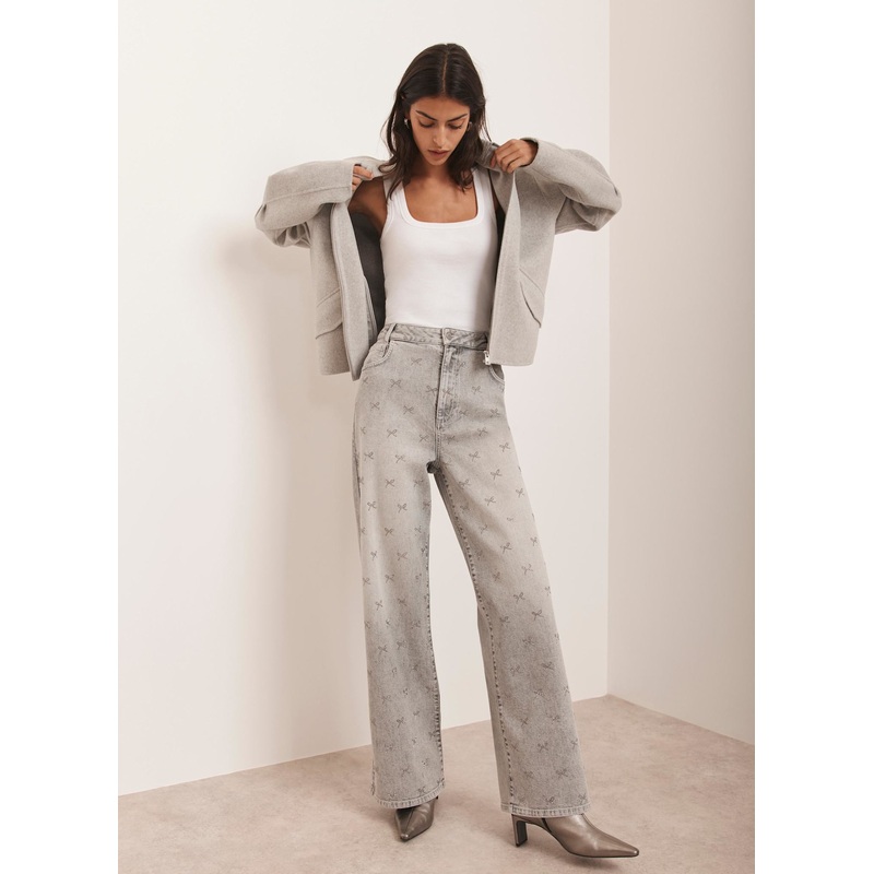 Grey Bow Embellished Wide Jeans Short 06