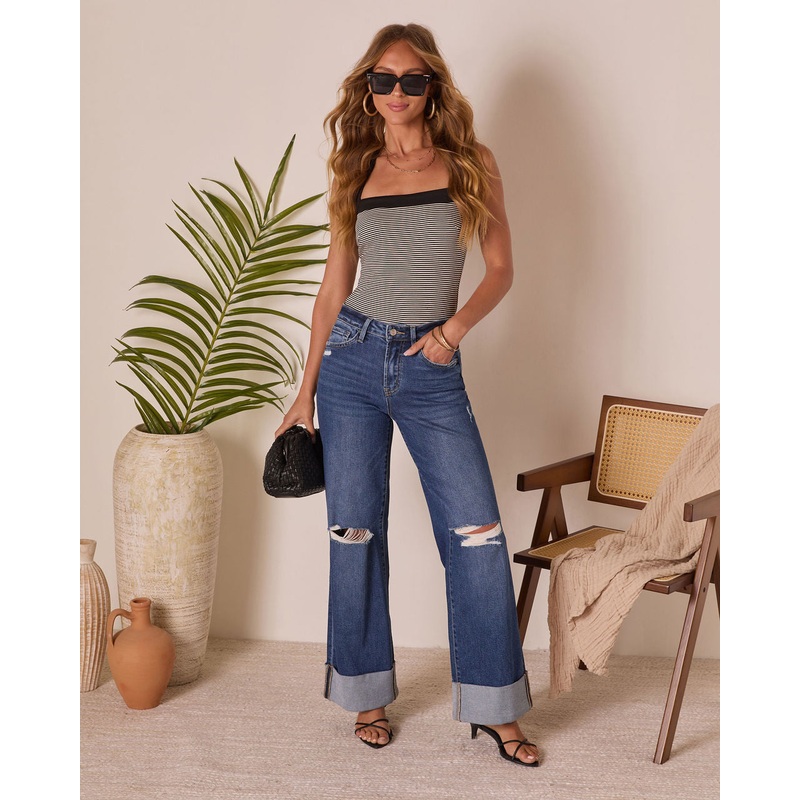 Jaidan Stretch Distressed Wide Leg Cuffed Jeans Dark Wash 24