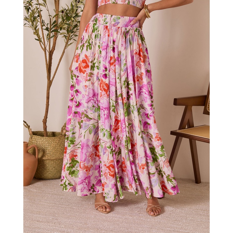 Moonpetal Floral Pleated Maxi Skirt Violet Multi S