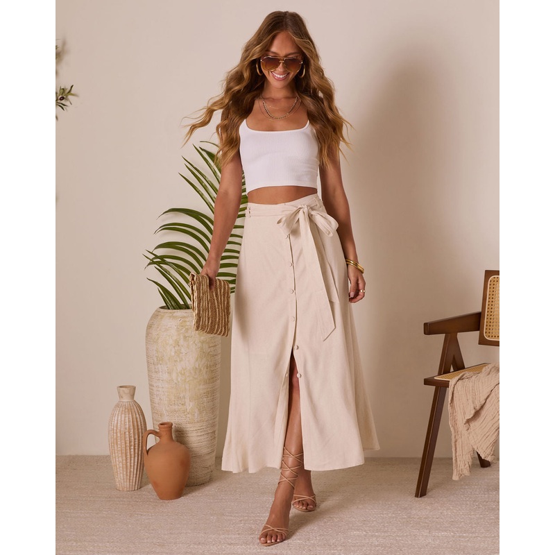 Silken Breeze Waist Tie Midi Skirt Oatmeal XS