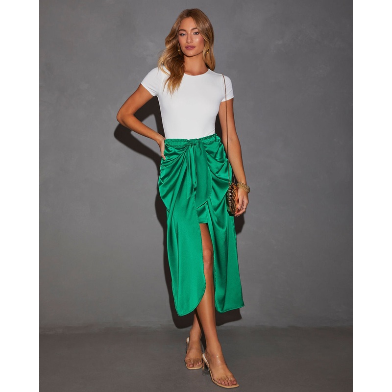 Tea Time Satin Bow-Tie Midi Skirt Kelly Green S