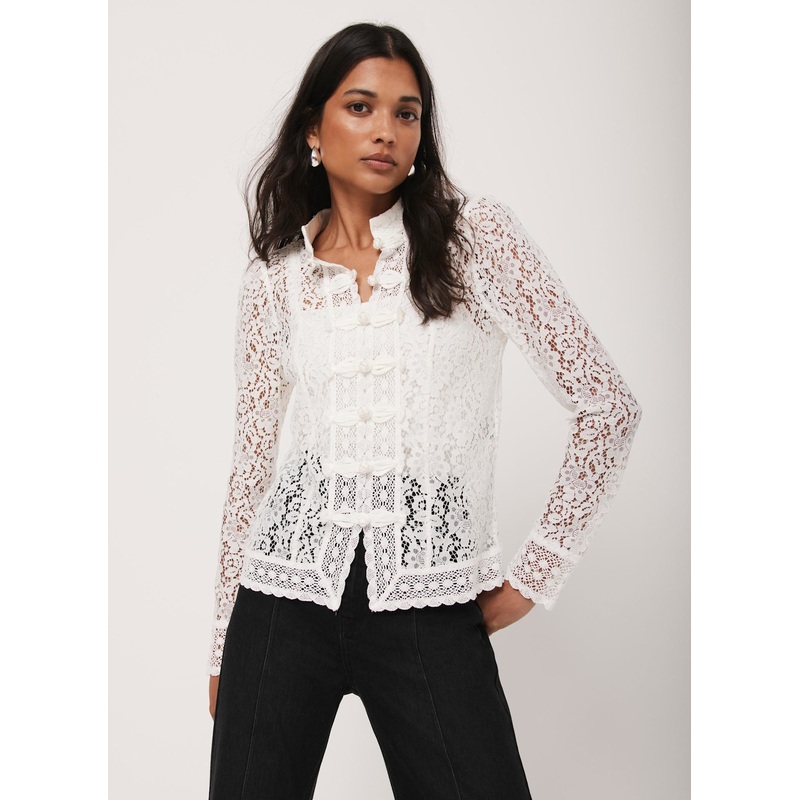 White Lace Scallop Trim Top XS