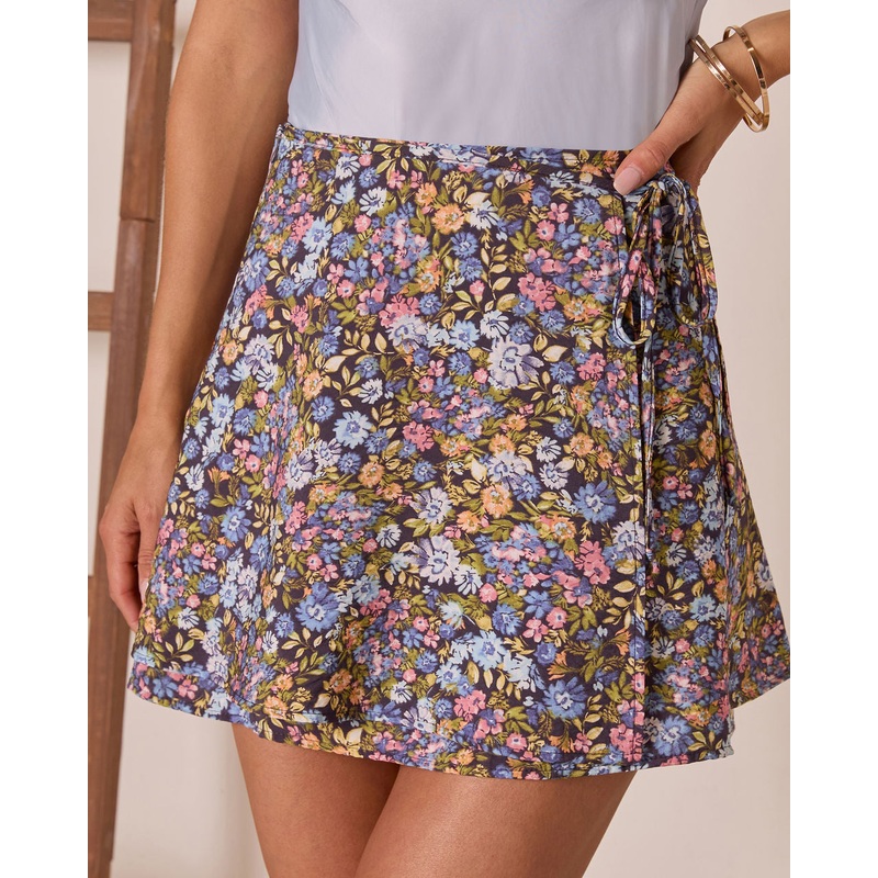 Willow Bloom Floral Wrap Mini Skirt Blue Multi S
