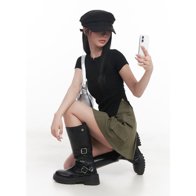 Asymmetric Buttoned Crop Top CY527 Black S/M