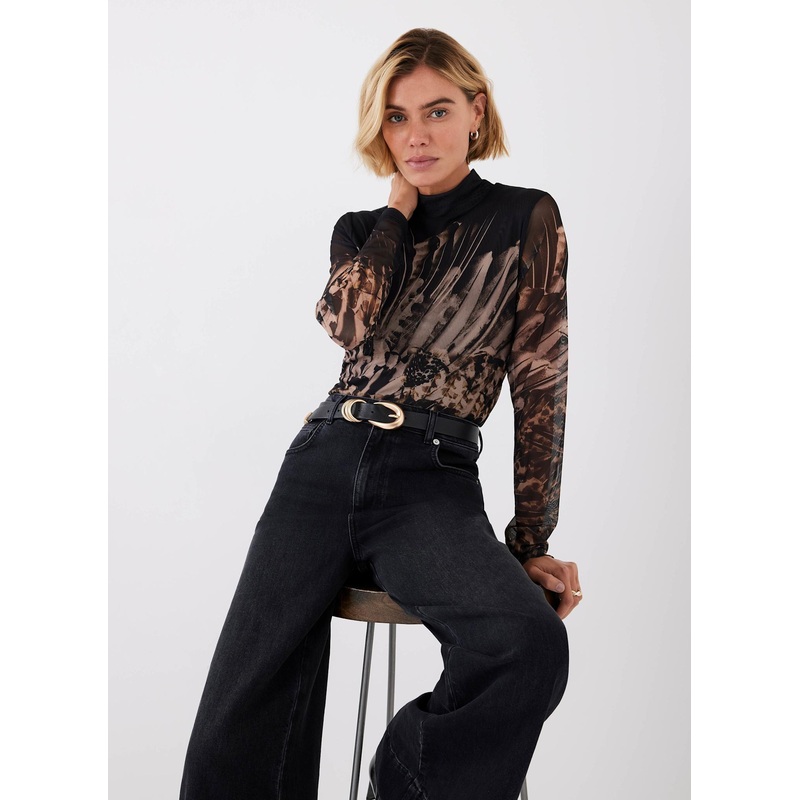 Black Feather Print Mesh Top XS