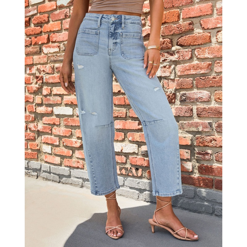 Eveline Stretch Lightly Distressed Barrel Jeans Medium Wash 24