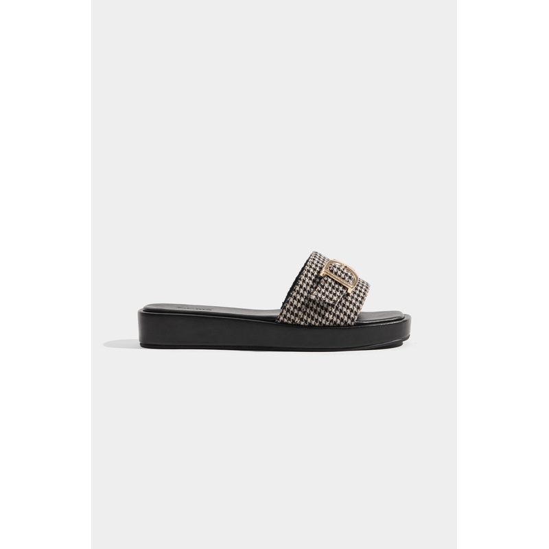 Houndstooth Round Toe Buckle Strap Sandals Black 5