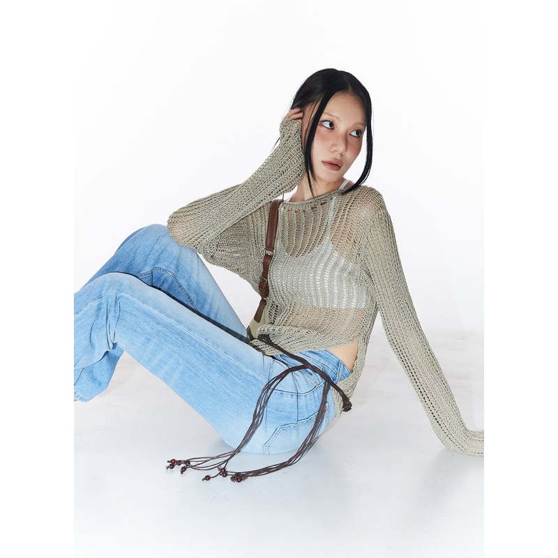 Slit Mesh Knit Sweater Top CY528 Dark green S/M