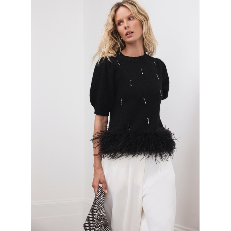 Black Embellished Feather Trim Knit Top XS