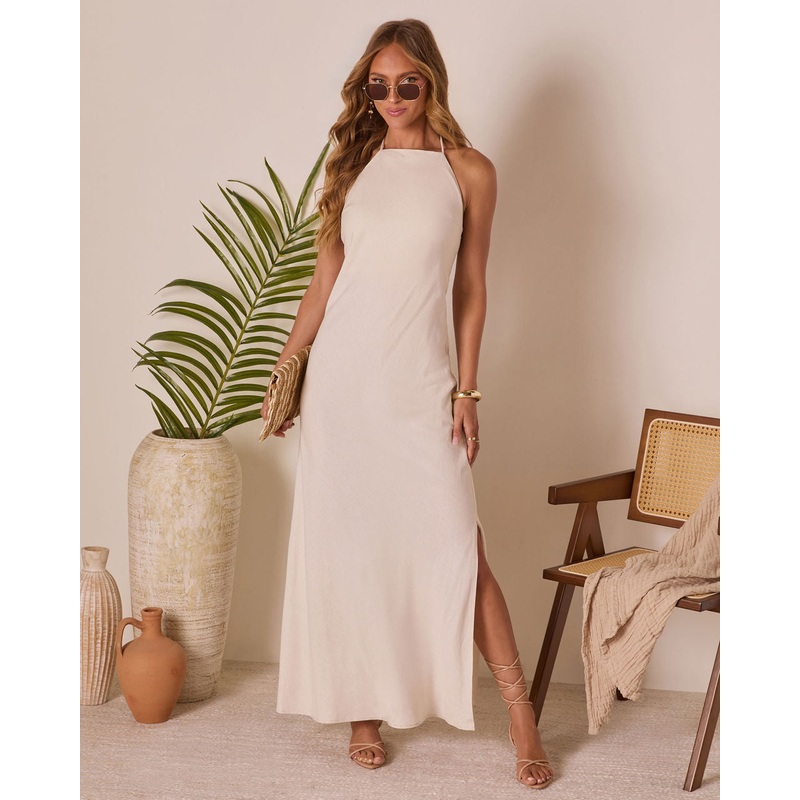Island Solace Halter Neck Maxi Dress Oatmeal XS