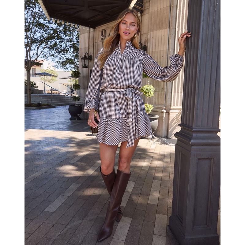 Sweet Autumn Plaid Waist Tie Mini Dress Brown/Cream XS