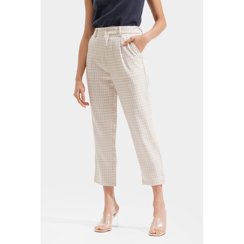 Ankle Length Checkered Cozy Pants Beige Extra Small