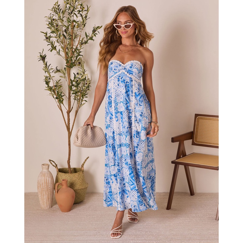 Arlowe Floral Patchwork Maxi Dress Blue/White XS