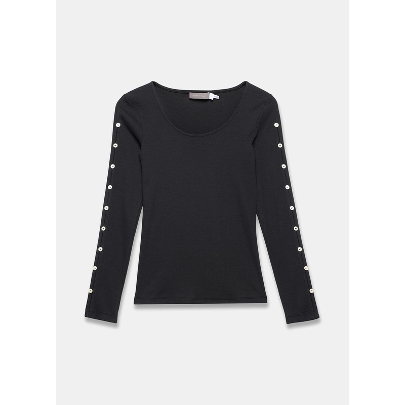 Black Cotton Blend Button Trim Top XS