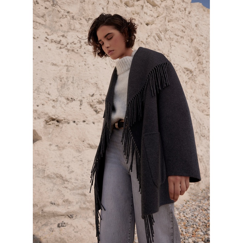 Grey Wool Blend Hand Finished Tassel Coat XS