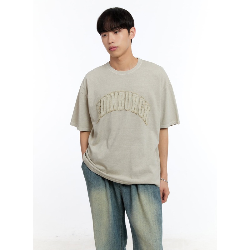 Mens Patch Washed Oversize T-Shirt IY529 Light beige M/L