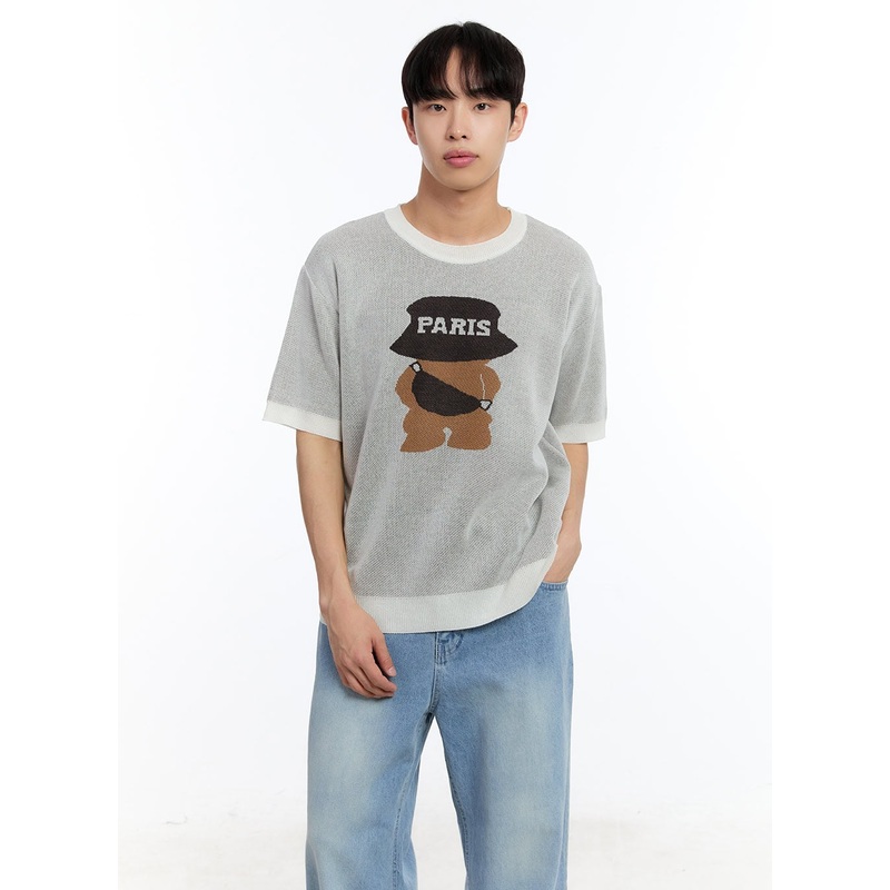 Mens Teddy Graphic Knit T-Shirt IY530 Light beige M/L