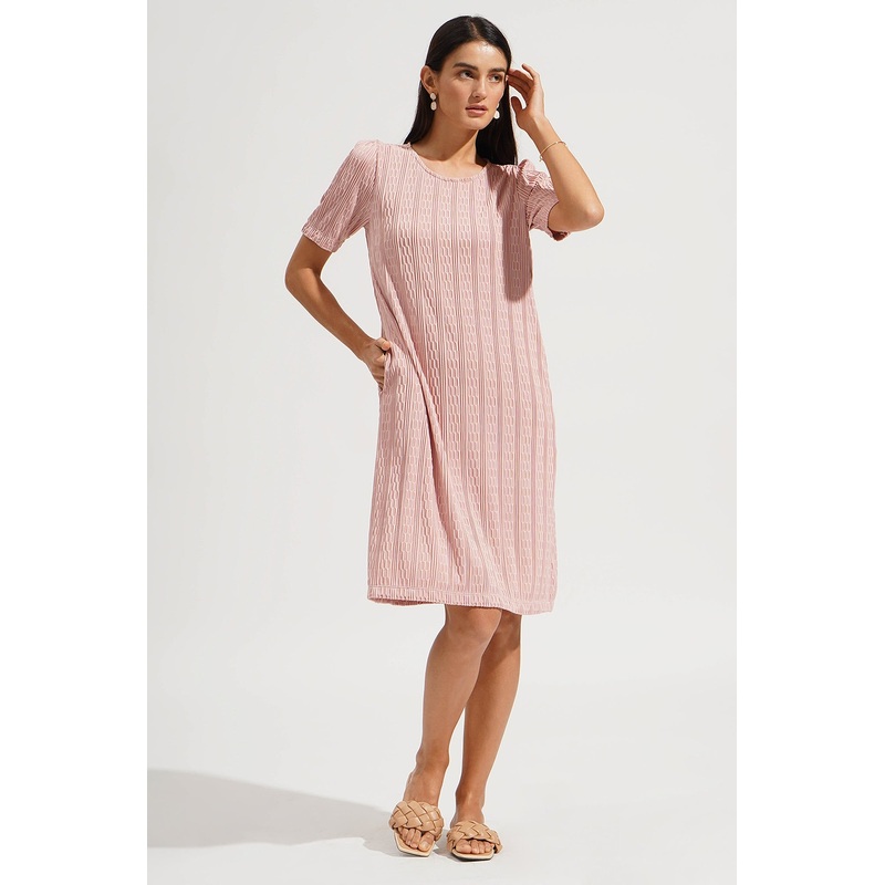 3/4 Sleeve Textured Knee Length Dress Evening Sand Extra Small