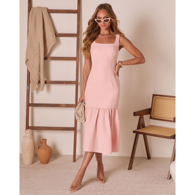 Alisin Tiered Drop Waist Midi Dress Peach XS