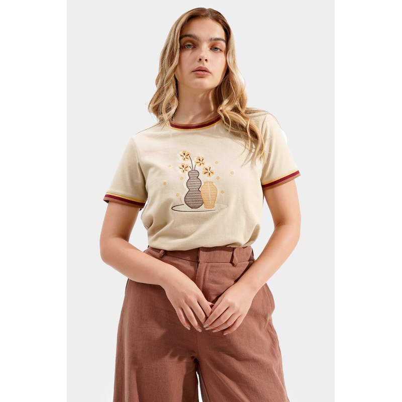 Cross Stitch Ringer Graphic Tee Tan Extra Small