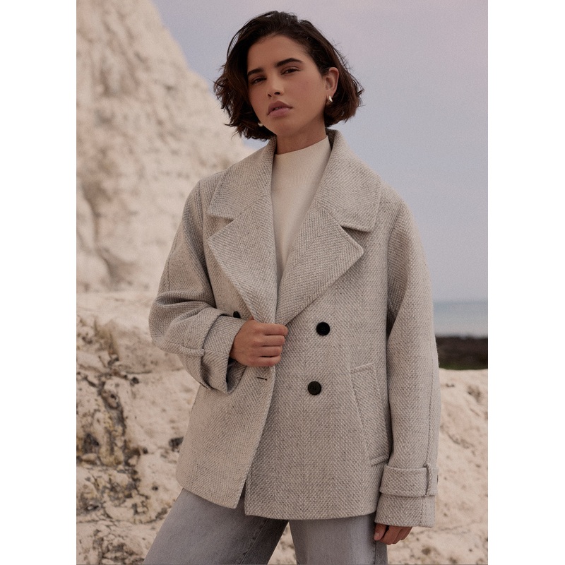 Grey Double Breasted Textured Coat XS