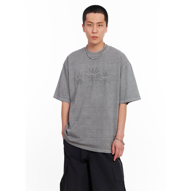 Mens Studded Daisy T-Shirt IU503 Gray M/L
